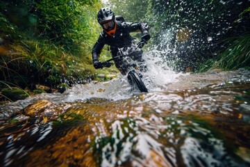 Adventurous Mountain Biker Splashes Through Forest Stream on Sunny Day - Outdoor Sports Print, Poster, Card Design