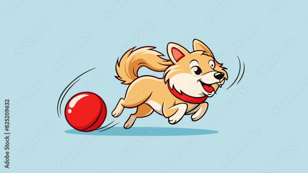 Poster The dog wagged its fluffy tail and excitedly ran in circles chasing after the bright red ball.. Cartoon Vector.