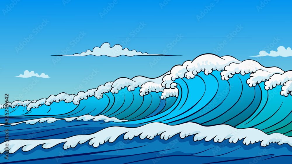 Poster the endless expanse of ocean stretched out before us with long rolling waves crashing against the sh