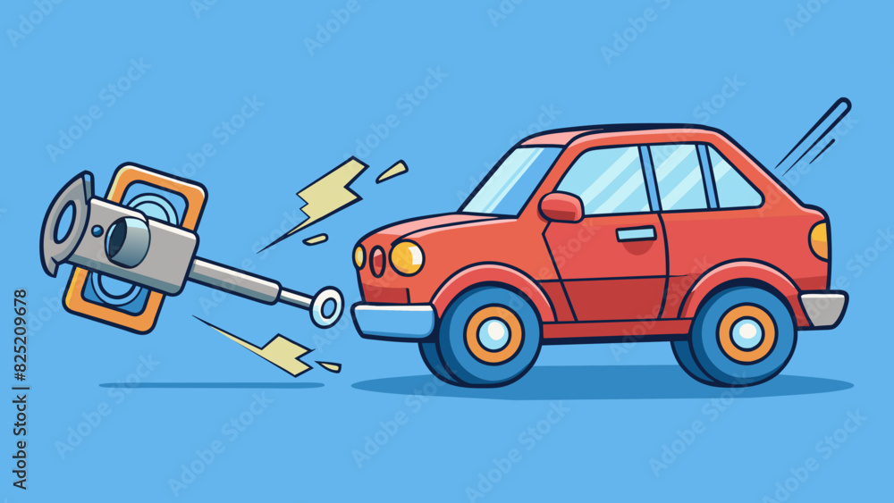 Poster The engine of a car roars to life as the driver twists the key in the ignition. With one swift flip the key is returned back to the off position. Cartoon Vector.