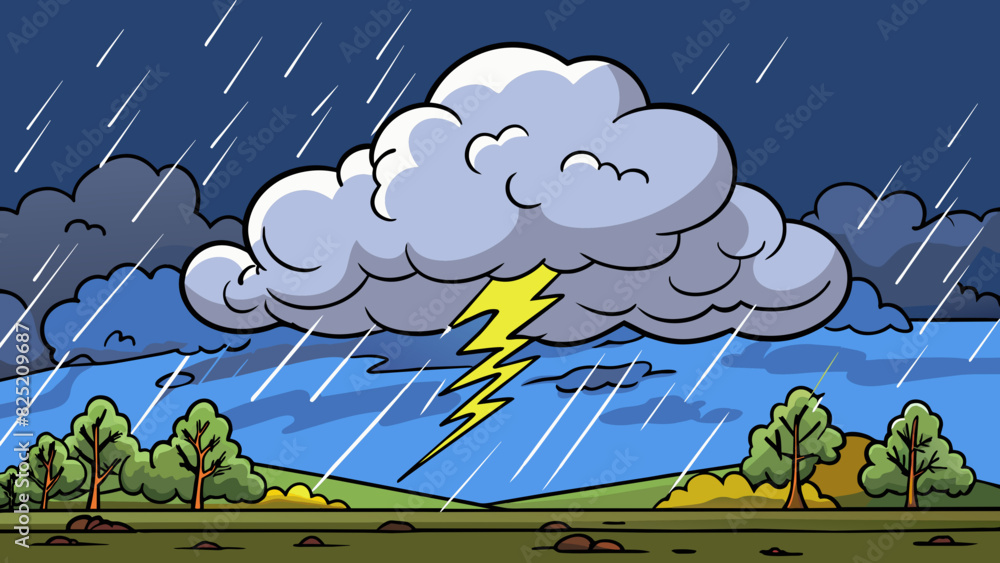Poster The distant rumble of an approaching thunderstorm growing louder and more intense with each passing minute as the dark clouds draw closer.. Cartoon Vector.