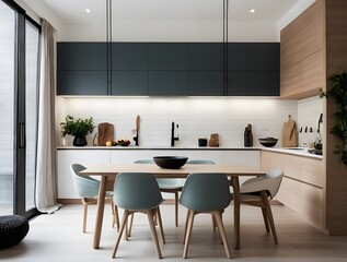 A modern and minimal kitchen interior with table, interior design, kitchen design, interior kitchen design