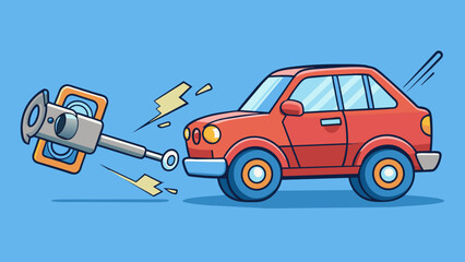 The engine of a car roars to life as the driver twists the key in the ignition. With one swift flip the key is returned back to the off position. Cartoon Vector.
