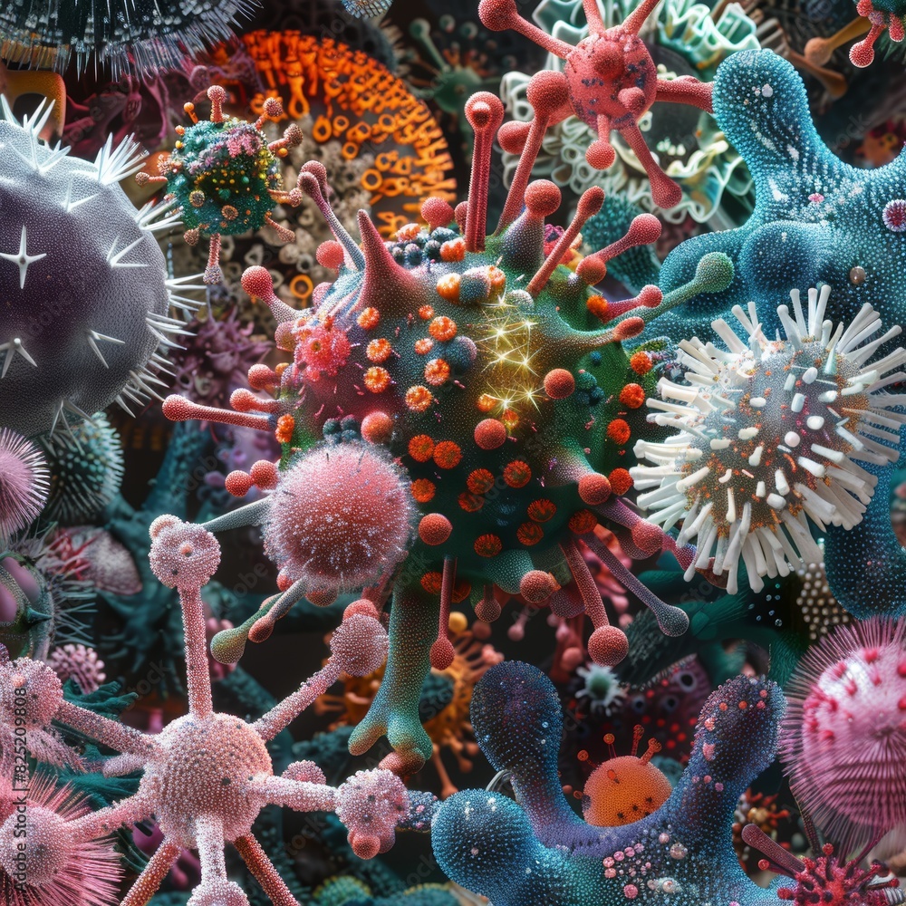 Poster high-resolution virus structures under electron microscope with detailed textures and vibrant colors
