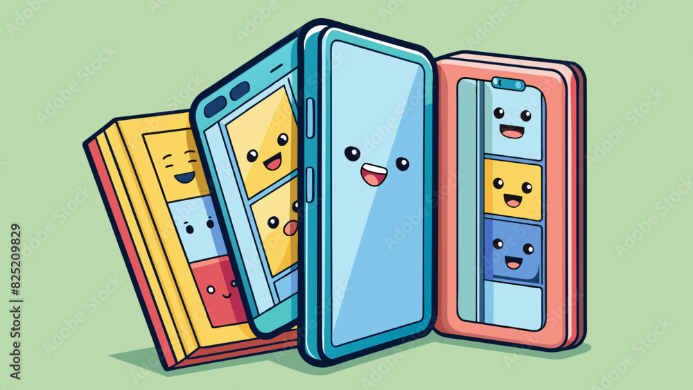 Aufkleber The fifth cellphone is a slim and lightweight device with a folding display. It can be od like a book to reveal a large screen inside for watching. Cartoon Vector.