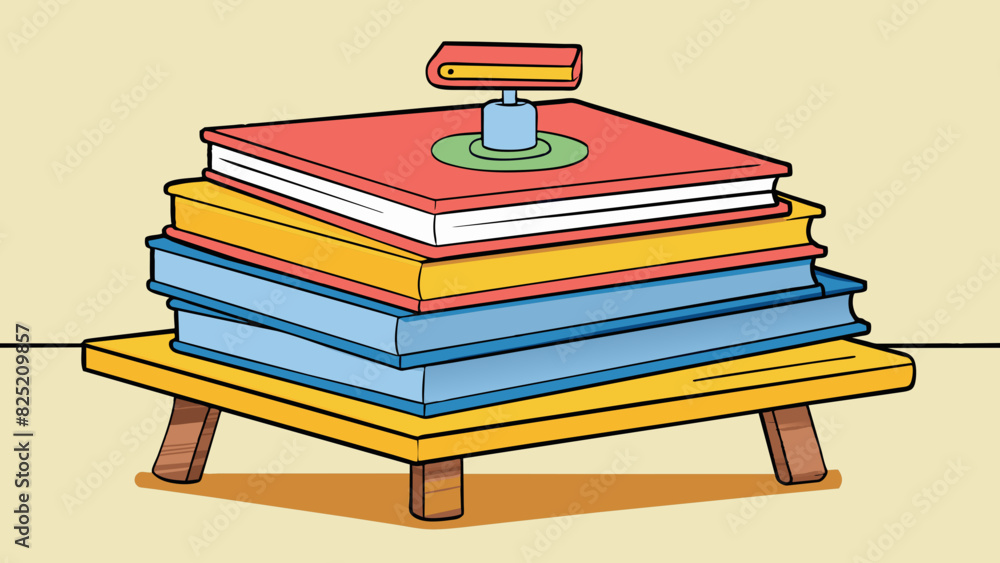 Poster The final illustration shows a stack of books on a table. The weight of the books exerts pressure on the surface of the table causing it to flatten. Cartoon Vector.