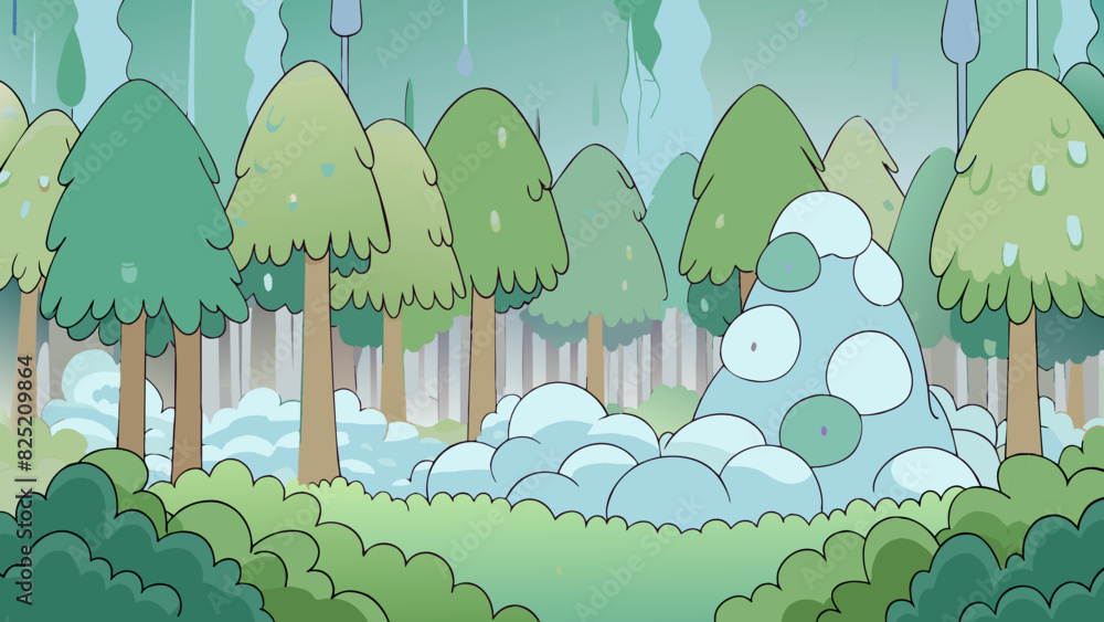 Poster The fine mist settled over the forest its tiny droplets clinging to the leaves and creating a hazy ethereal atmosphere.. Cartoon Vector.