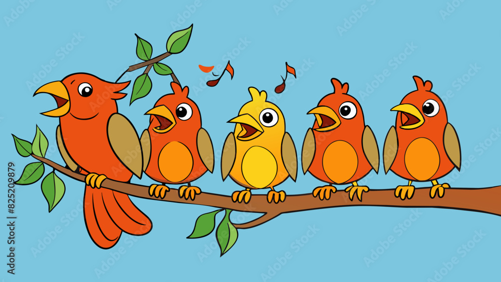 Poster the final illustration shows a group of birds sitting on a tree branch chirping happily. one of the 
