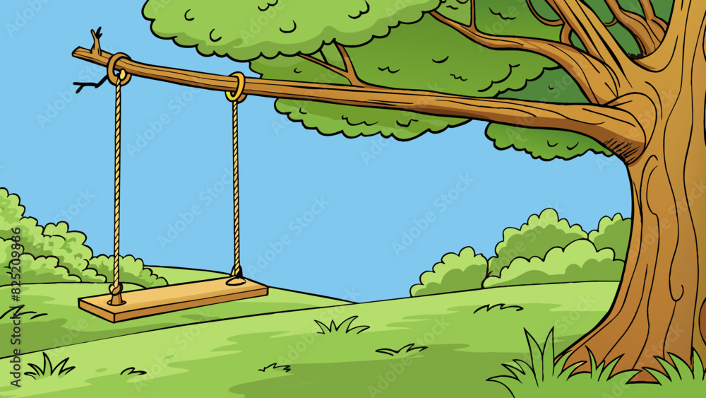 Poster The final knot in a rope swing hangs from a tall sy tree branch. Worn from years of use its frayed strands add character to a familiar childhood. Cartoon Vector.