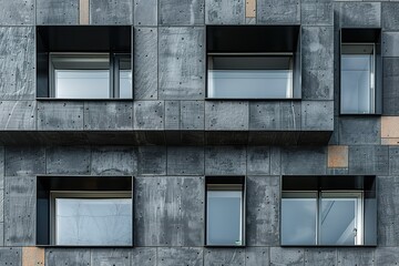 The building has a lot of windows, and the windows are all black