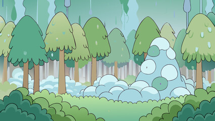 The fine mist settled over the forest its tiny droplets clinging to the leaves and creating a hazy ethereal atmosphere.. Cartoon Vector.