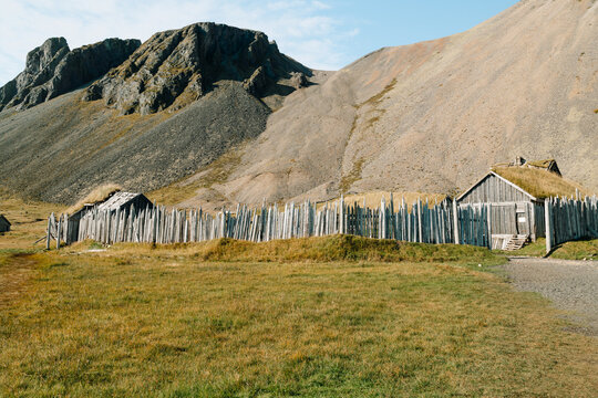 Viking Village Prop for movie, Iceland. Wooden house with grass roof