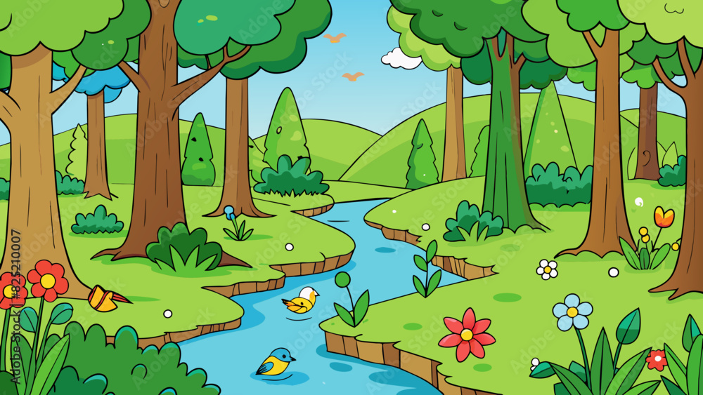 Aufkleber The first level is a lush green forest filled with tall trees and colorful flowers. The trees provide plenty of shade and there is a gentle stream. Cartoon Vector.