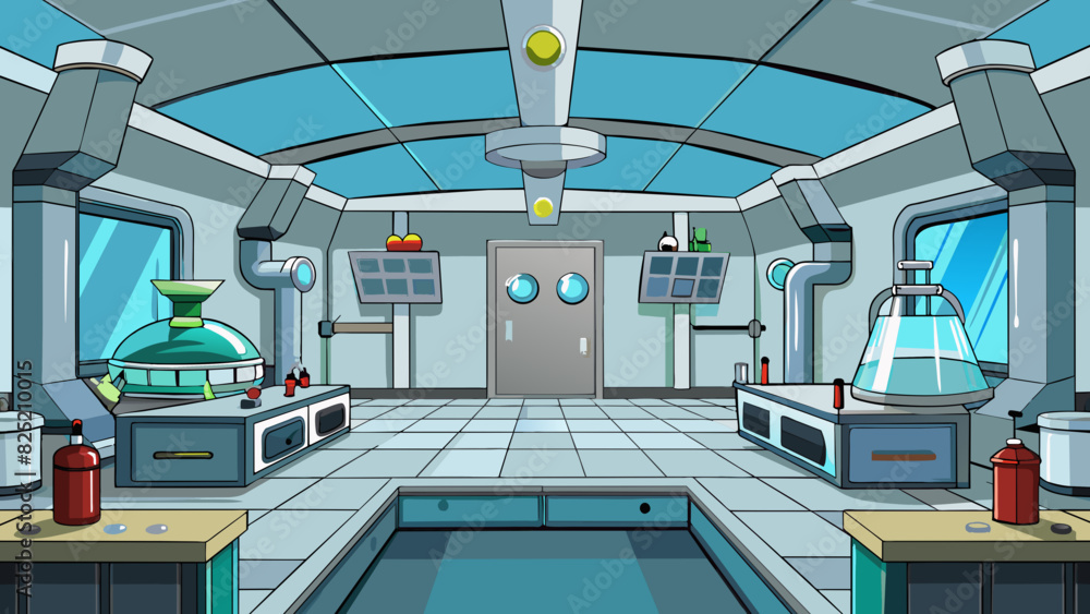 Poster The fourth level is set in a futuristic laboratory with shiny silver walls and floors. There are machines of various shapes and sizes beeping and. Cartoon Vector.