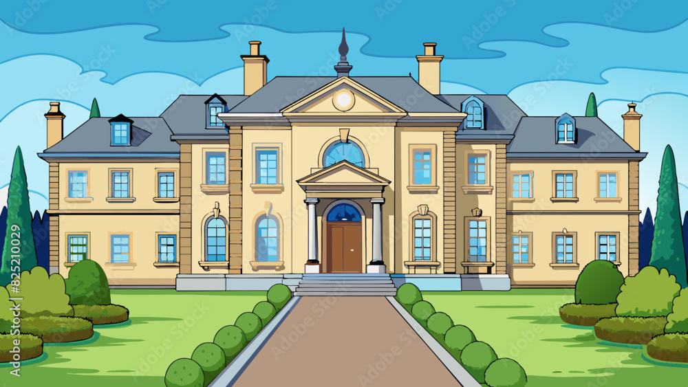 Sticker the front of a sprawling luxurious mansion featuring a grand front entrance with large ornate double