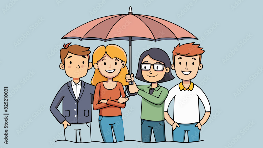 Poster  The friends are shoulder to shoulder their arms overlapping as they try to fit under the umbrellas small coverage.. Cartoon Vector.