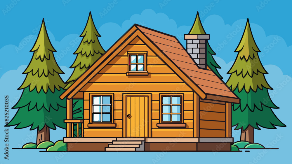 Poster the front of a cozy rustic cabin with a small porch and wooden shutters on the windows. the front ha