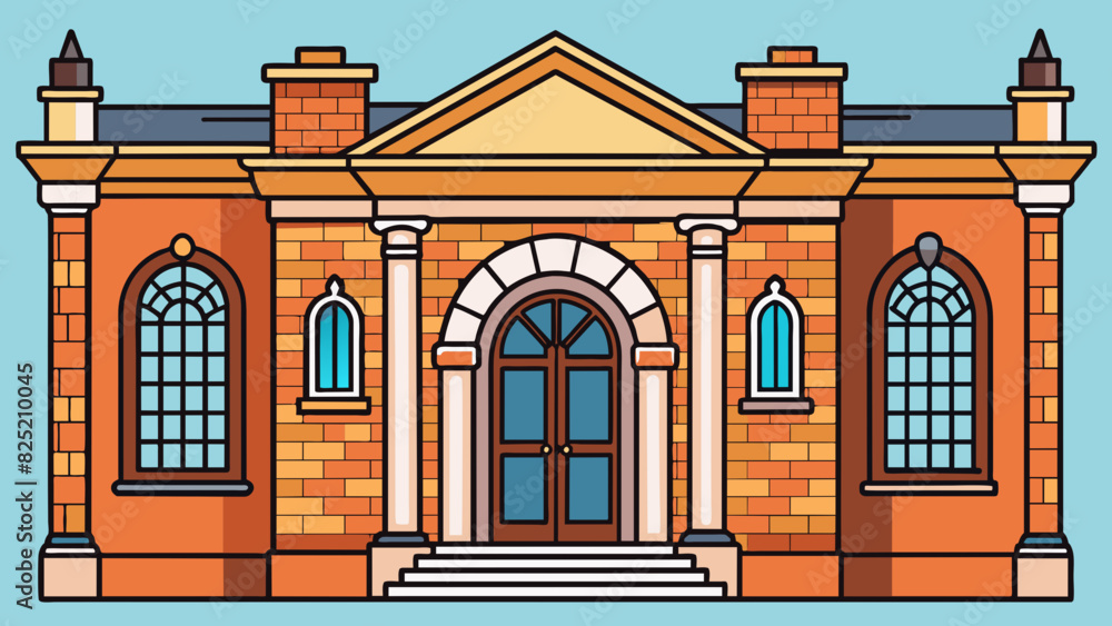 Poster the front of a classic brick building with tall arched windows framed by intricate stone carvings. t