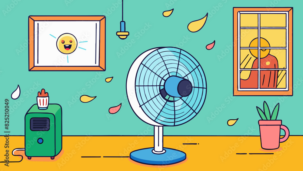 Poster The gentle humming of the fan in the background provides a constant soothing background noise as it circulates the cool air throughout the room.. Cartoon Vector.