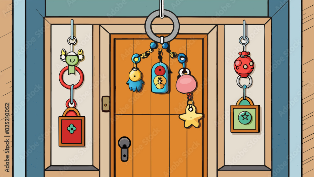 Poster The front door was adorned with multiple keychains each one representing a special memory or trip that mum had taken.. Cartoon Vector.