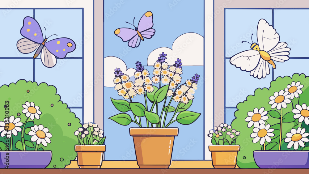 Sticker The gentle breeze of April carries with it the fragrance of blooming lilacs and daisies. Pots of fragrant herbs sit on the windowsill ready to be. Cartoon Vector.