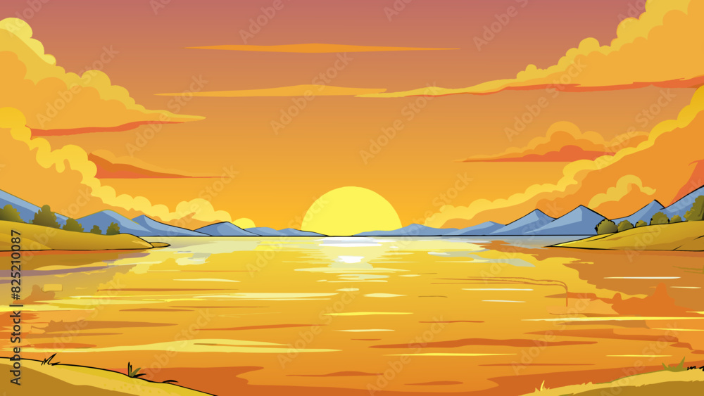 Poster the golden glow of a sunset casting a vibrant hue across the sky and reflecting on the surface of a 
