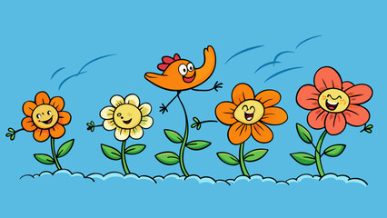 The flowers swayed gently in the breeze until a gust of wind picked up causing them to dance wildly.. Cartoon Vector.