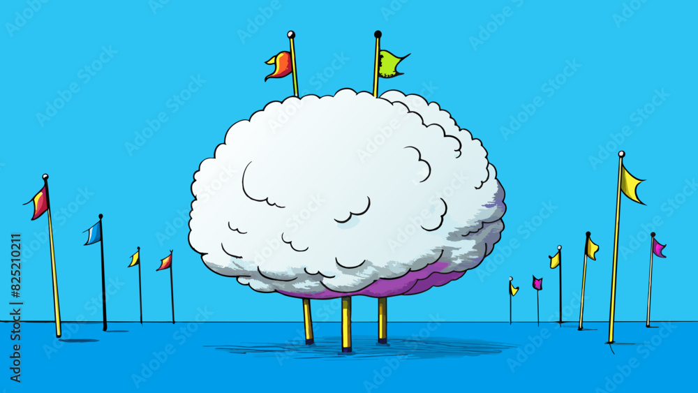 Poster the image shows a large fluffy cloud hanging low in a bright blue sky. the cloud is shaped like a gi