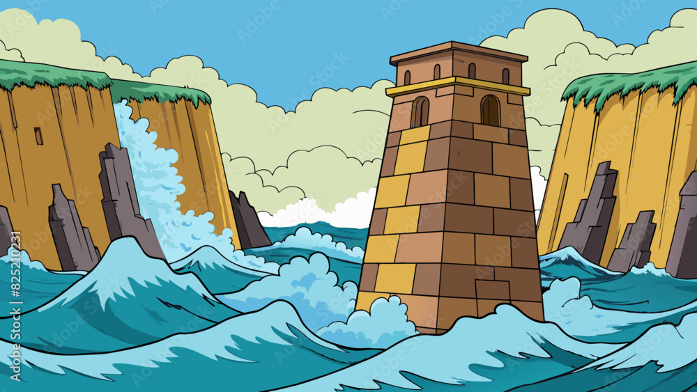 Poster The imposing jagged cliffs towered over the crashing waves below their and rugged surfaces a display of their enduring strength against the relentless. Cartoon Vector.
