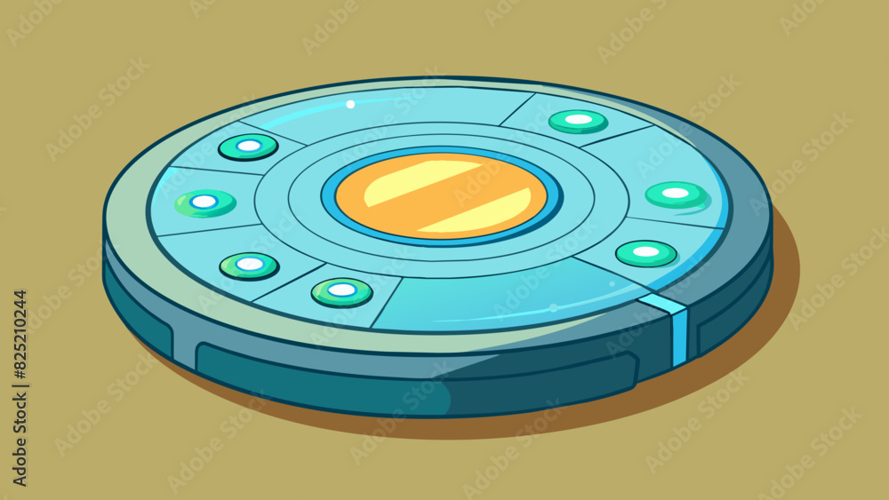 Aufkleber The item resembled a large flat disc with a smooth surface and a bright luminescent glow. It had a set of buttons on one side and a small screen on. Cartoon Vector.