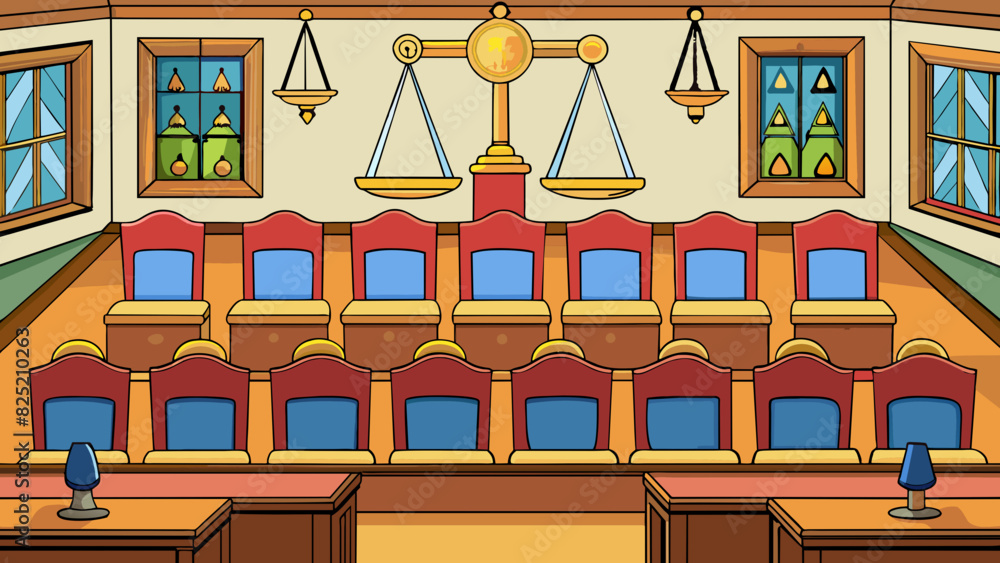 Poster The jury box was filled with rows of matching chairs and a long table in front for the lawyers to sit and lay out their arguments. A colorful mural. Cartoon Vector.