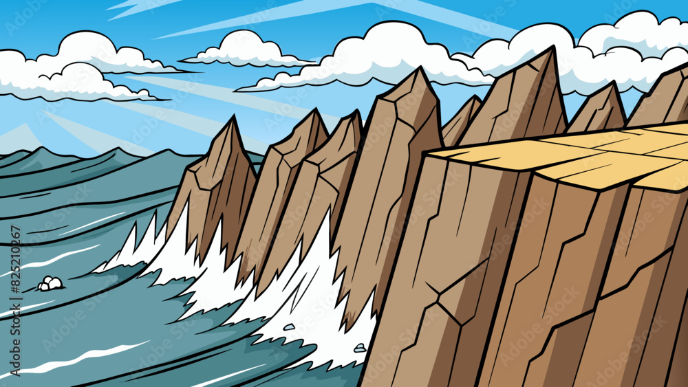 Poster The jagged rocks on the cliffs edge had sharp rough s evidence of the powerful waves crashing against them.. Cartoon Vector.
