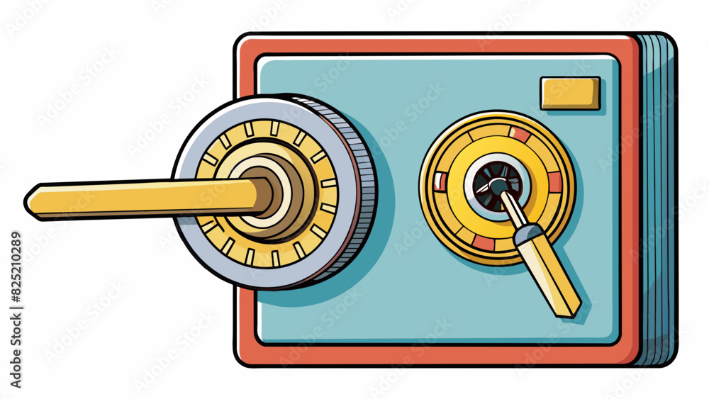 Poster The key in the lock clicks and the safes metal handle is slowly turned to reveal its contents. As the combination is dialed the handle becomes easier. Cartoon Vector.