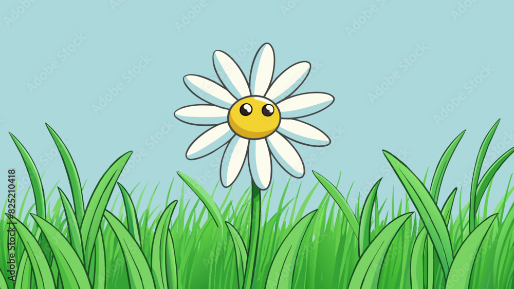 Poster The little daisy peeked out from between the blades of grass in the field its small white petals gently swaying in the breeze. Despite its size it. Cartoon Vector.