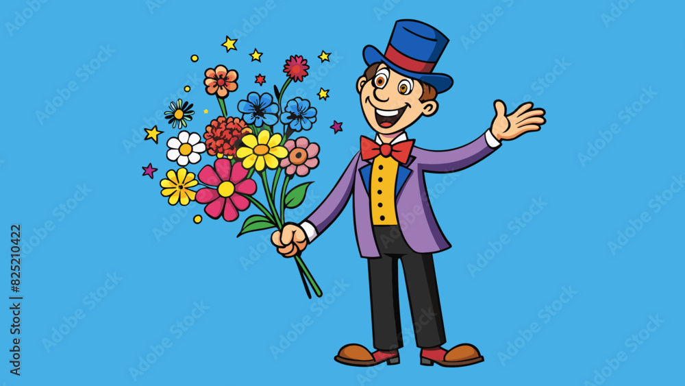 Aufkleber the magician waves his hand and a bouquet of colorful flowers suddenly appears in thin air their pet