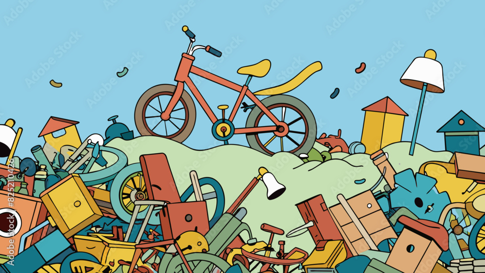 Poster The lot is cluttered with various objects such as old bicycles broken furniture and piles of scrap metal. It seems to serve as a dumping ground for. Cartoon Vector.