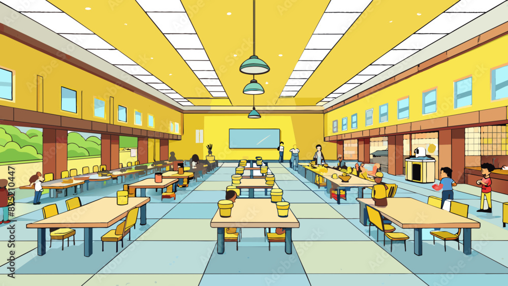 Aufkleber the main cafeteria in the high school is a large open space with a high ceiling and rows of long lun