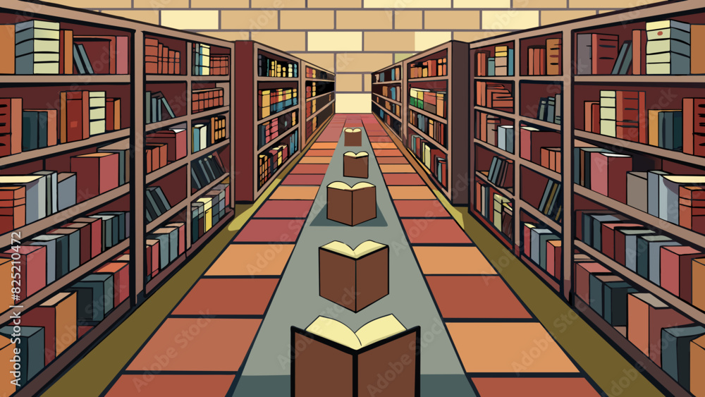 Poster The maze of bookshelves seemed to stretch on further and further in the quiet library each row filled with endless rows of dusty tomes and ancient. Cartoon Vector.