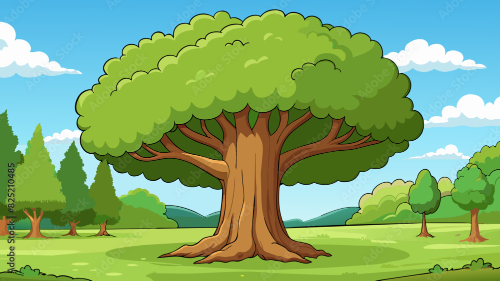 Poster The massive tree in the park had a thick and gnarled trunk its branches spanning out in all directions and providing ample shade.. Cartoon Vector.