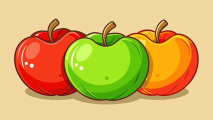 The majority of apples are round with a shiny and smooth skin. They come in various shades of red green or yellow and have a crisp juicy texture when. Cartoon Vector.