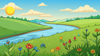 The meadow was lush and green with wide fields of wildflowers swaying gently in the breeze. In the distance a wide river glistened under the noon sun.. Cartoon Vector.