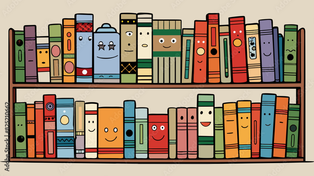 Poster The old bookshelf was full of various titles each one telling a different story. The books were all arranged in neat rows relating to one another by. Cartoon Vector.