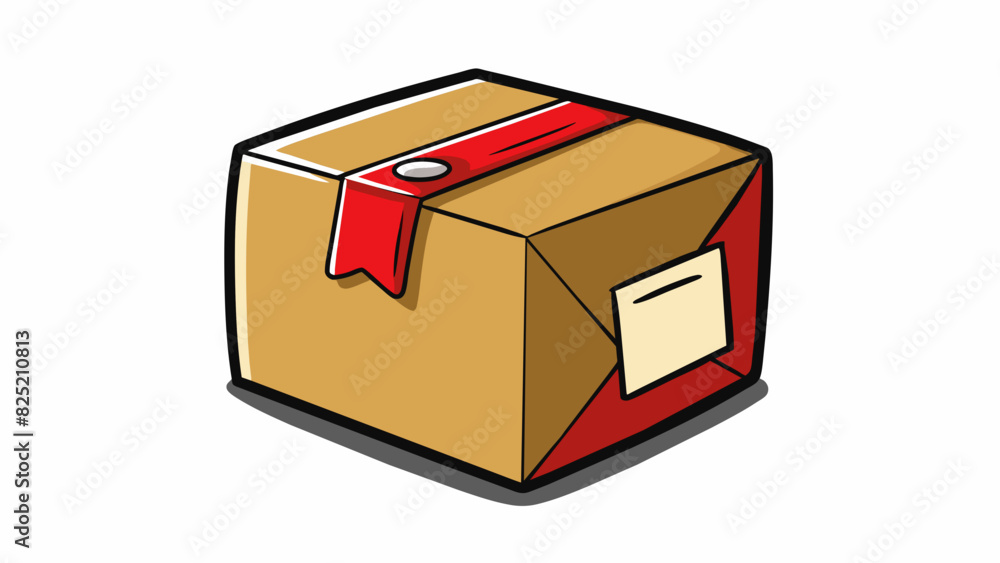 Aufkleber The package finally arrived at its destination the small cardboard box appearing slightly worn from its journey. A red label with the recipients name. Cartoon Vector.