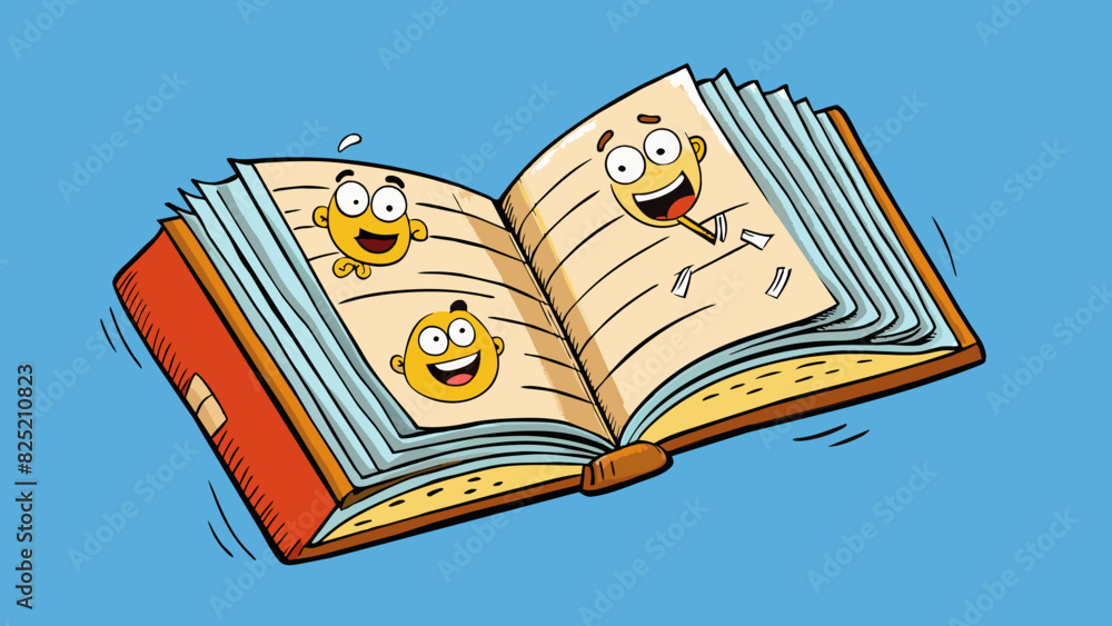 Poster the pages of a wellworn book being flipped revealing new words and ideas with each turn.. cartoon ve