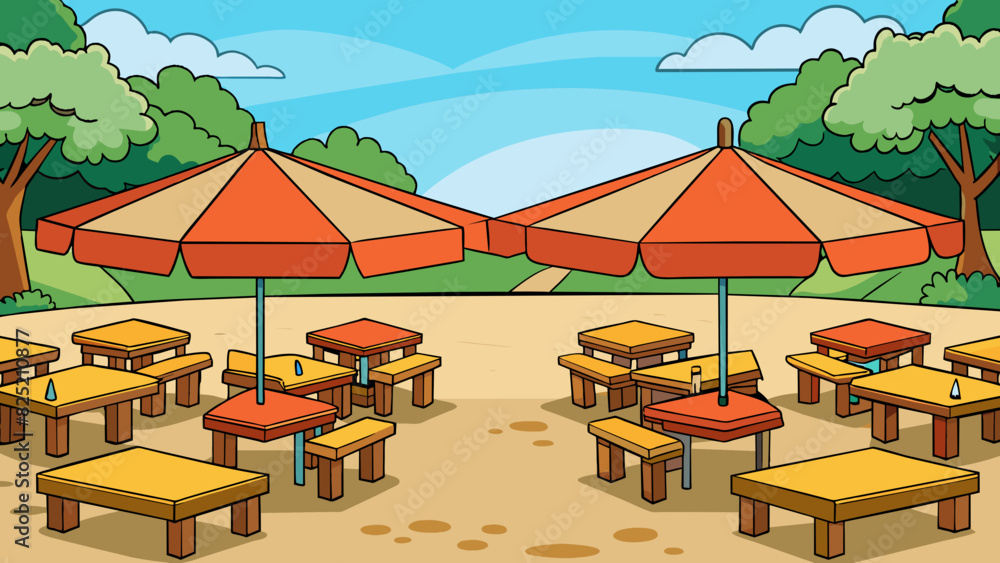 Poster The picnic area was equipped with multiple wooden tables each one accompanied by a large umbrella providing muchneeded shade on a hot summer day.. Cartoon Vector.