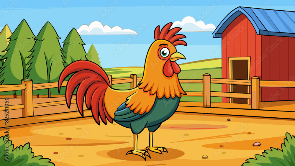 Aufkleber The rooster in the farmyard was a majestic creature with its large imposing frame and vibrant plumage. Its powerful crow could be heard from miles. Cartoon Vector.
