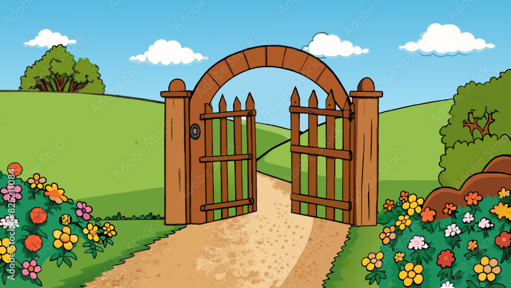 Poster the rusty gate creaked as it slowly swung open revealing a narrow pathway lined with colorful flower