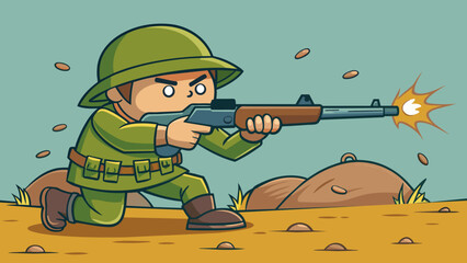 The ruthless soldier aimed his powerful rifle at the enemy the deadly sound of the guns barrel echoing through the deserted battlefield.. Cartoon Vector.