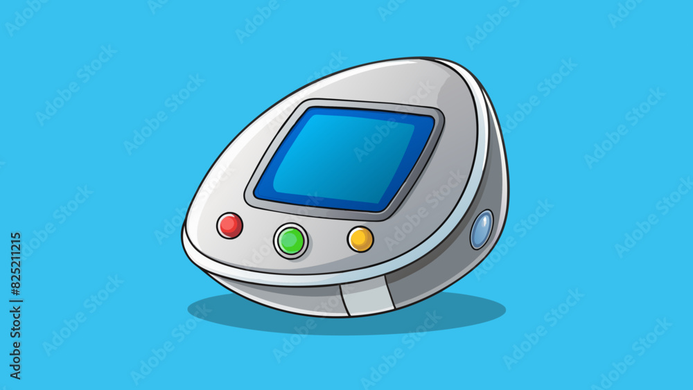 Aufkleber The sleek silver object glinted under the bright lights its smooth curves and sharp edges giving it a futuristic appearance. Tiny buttons and a touch. Cartoon Vector.