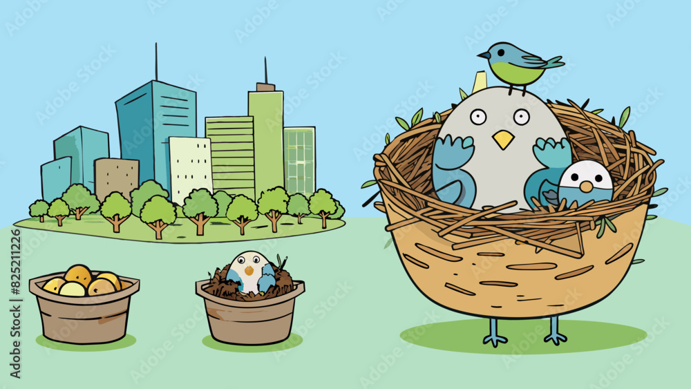 Poster The size of a birds nest is often influenced by a factor such as the availability of materials in its environment. A bird in a city may use scraps of. Cartoon Vector.